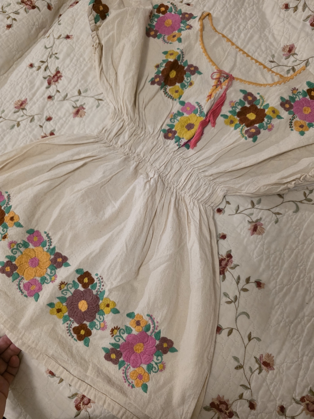 MEXICANA Cream Embroidered Floral Peasant Top with Pink Yellow Green Accents